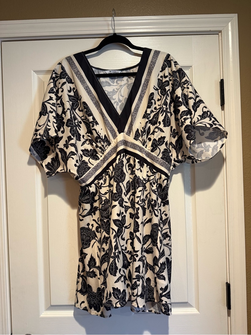 Black and Cream Floral V-Neck Women's Dress